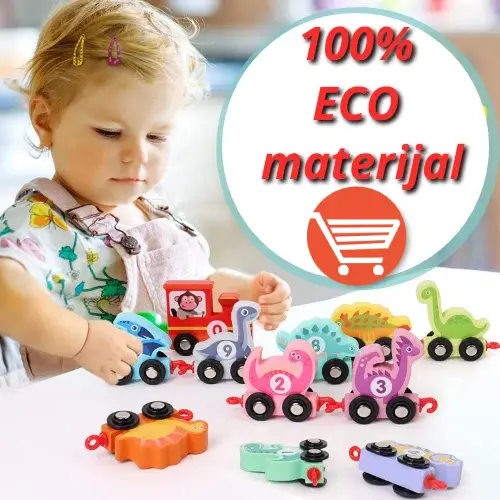 100% Drveni voz sa dinosaurusima i brojevima